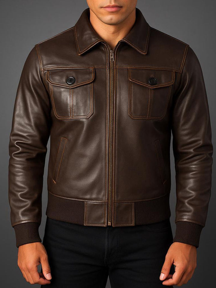Men's Zip-Front Leather Jacket with Ribbed Trim