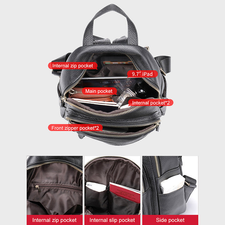 Women's Genuine Leather Zipper Backpack for Everyday Use