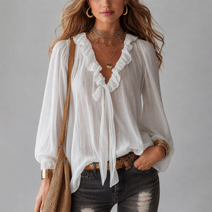Katalina | Women's Ruffle Tie-Neck Bohemian Blouse