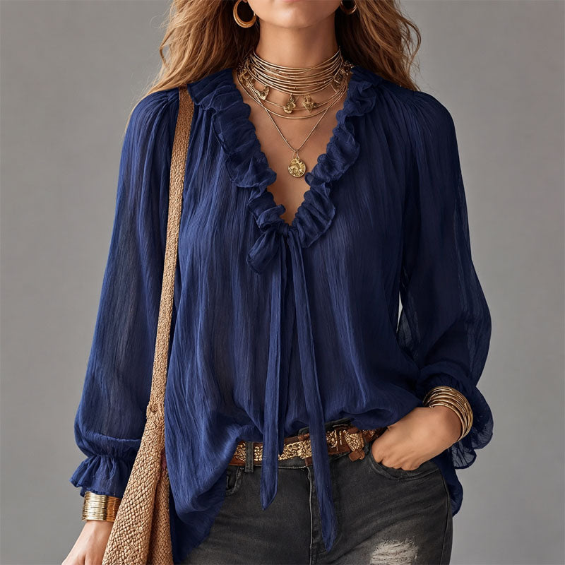 Katalina | Women's Ruffle Tie-Neck Bohemian Blouse