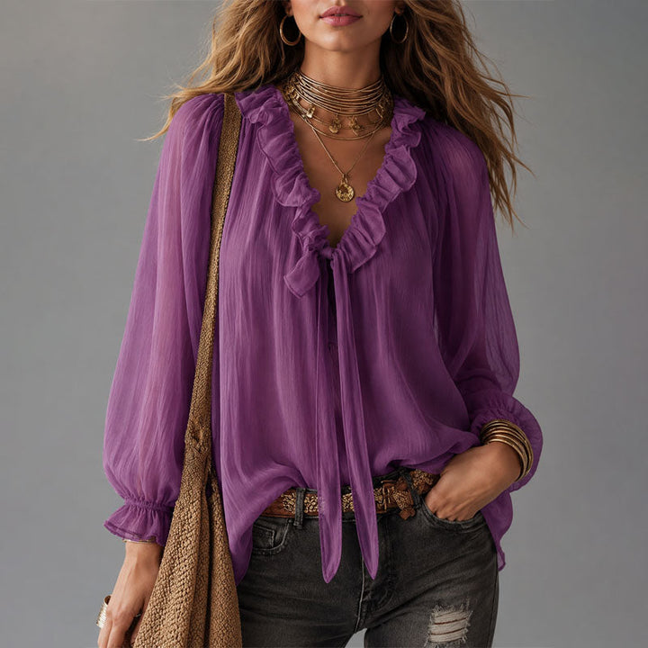Katalina | Women's Ruffle Tie-Neck Bohemian Blouse