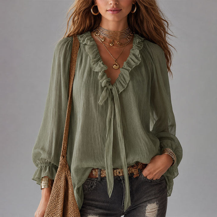 Katalina | Women's Ruffle Tie-Neck Bohemian Blouse