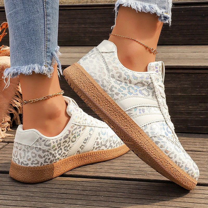 Women's Metallic Leopard Print Lace-Up Sneakers