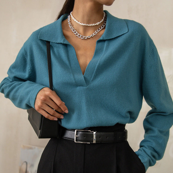 Women's Fine Knit Polo Collar V-Neck Sweater