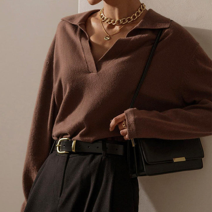 Women's Fine Knit Polo Collar V-Neck Sweater