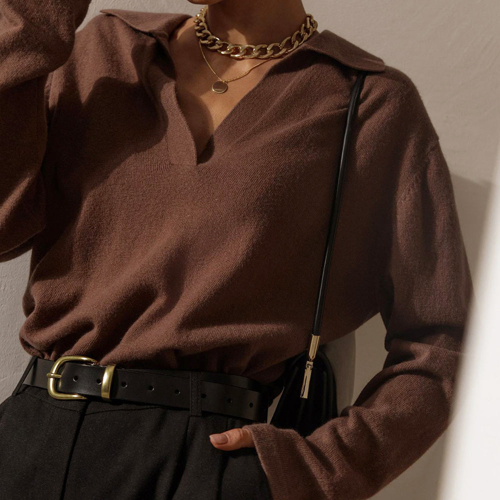 Women's Fine Knit Polo Collar V-Neck Sweater
