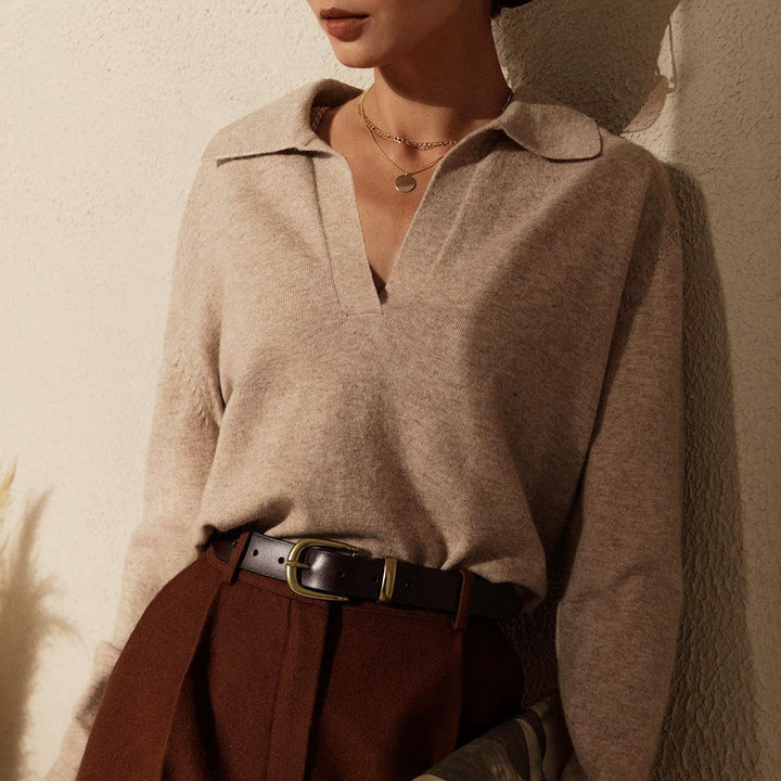 Women's Fine Knit Polo Collar V-Neck Sweater
