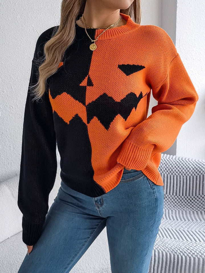 Halloween's Jack O' Lantern Knit Pullover Sweater with Ribbed Cuffs