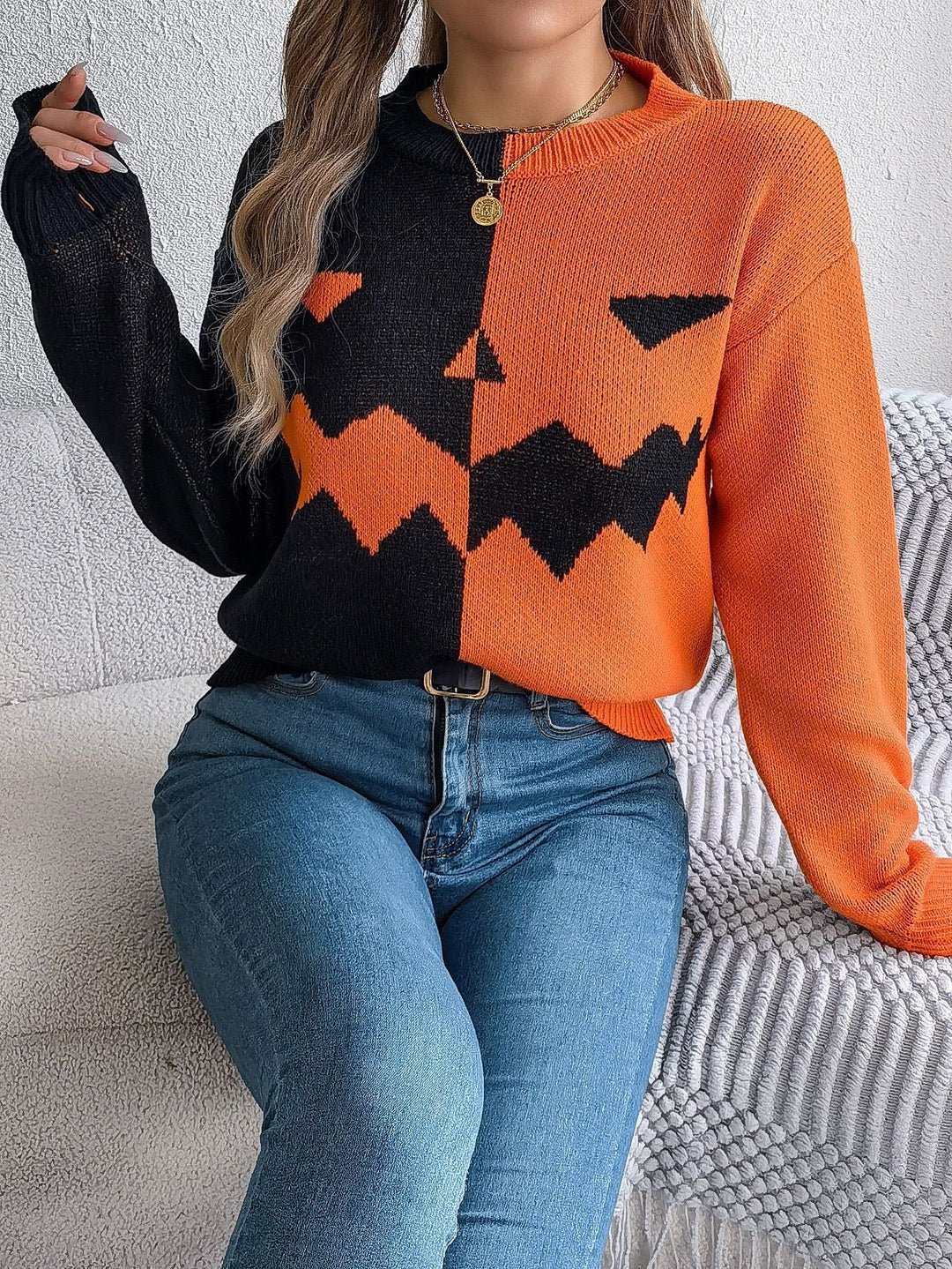 Halloween's Jack O' Lantern Knit Pullover Sweater with Ribbed Cuffs