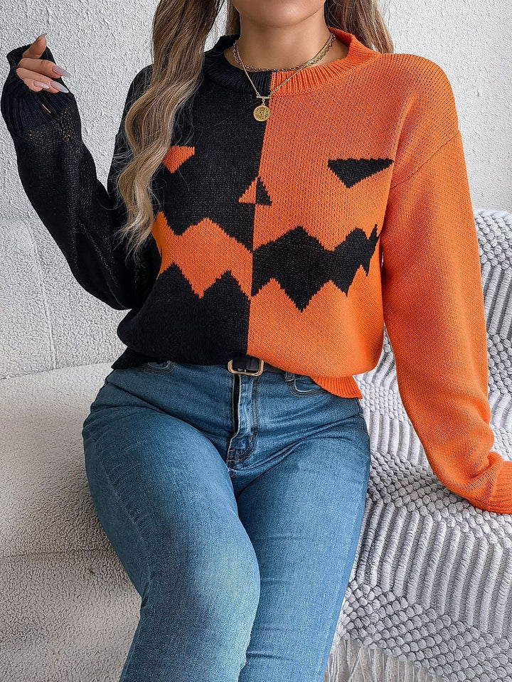Halloween's Jack O' Lantern Knit Pullover Sweater with Ribbed Cuffs