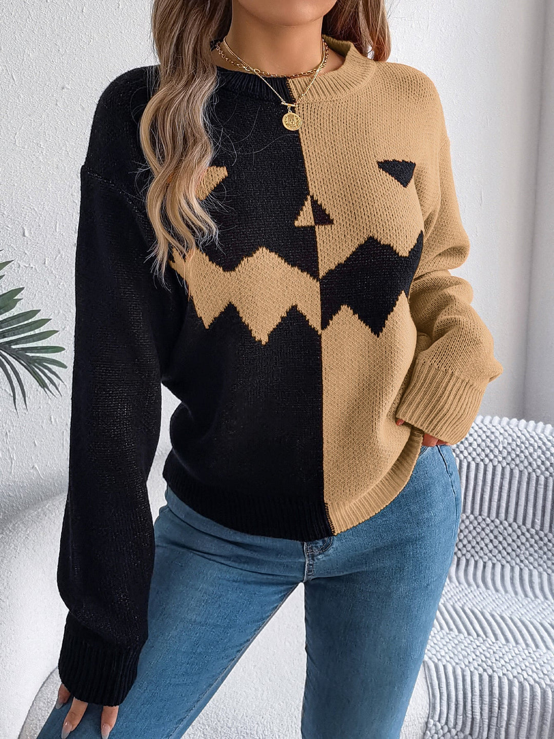 Halloween's Jack O' Lantern Knit Pullover Sweater with Ribbed Cuffs