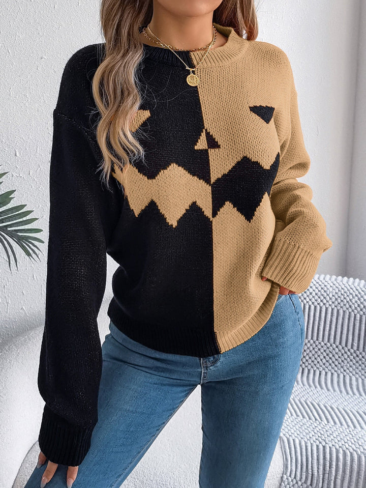 Halloween's Jack O' Lantern Knit Pullover Sweater with Ribbed Cuffs