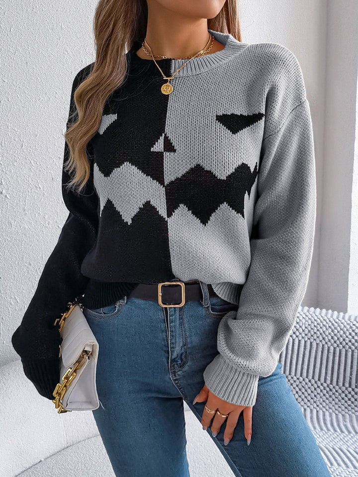 Halloween's Jack O' Lantern Knit Pullover Sweater with Ribbed Cuffs