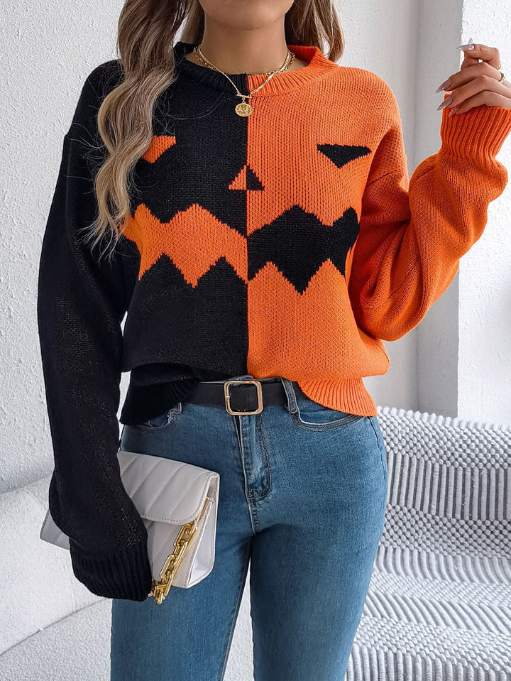 Halloween's Jack O' Lantern Knit Pullover Sweater with Ribbed Cuffs