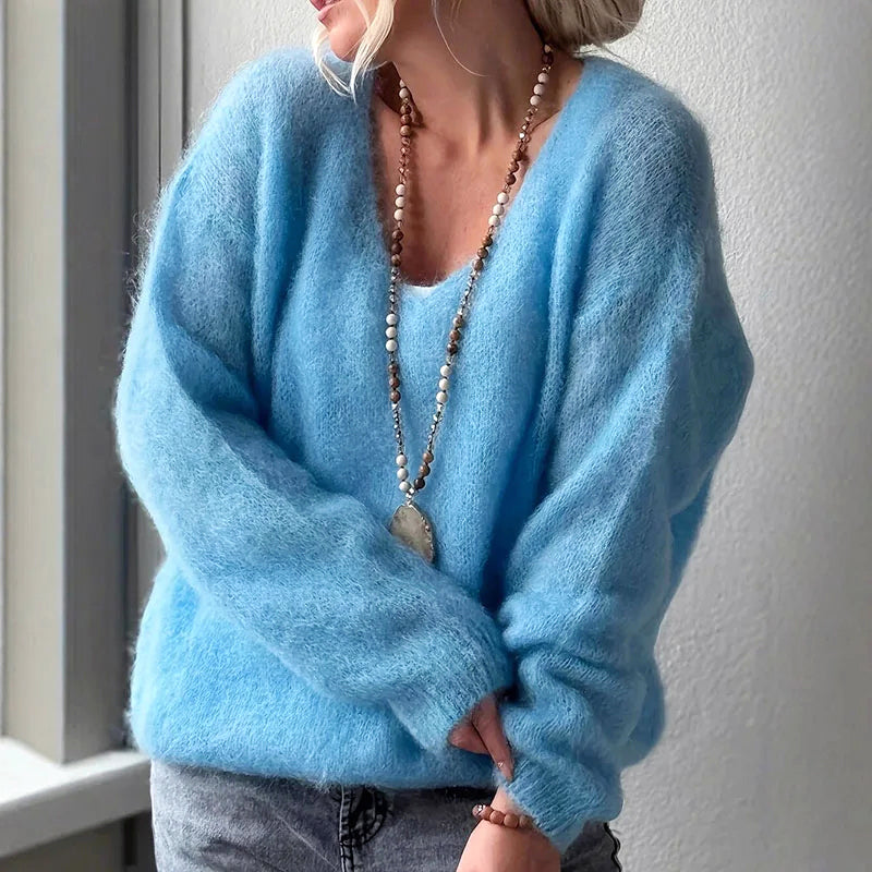Women's Soft Fluffy V-Neck Loose-Fit Knit Sweater