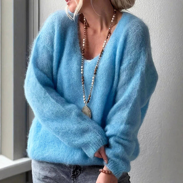 Women's Soft Fluffy V-Neck Loose-Fit Knit Sweater