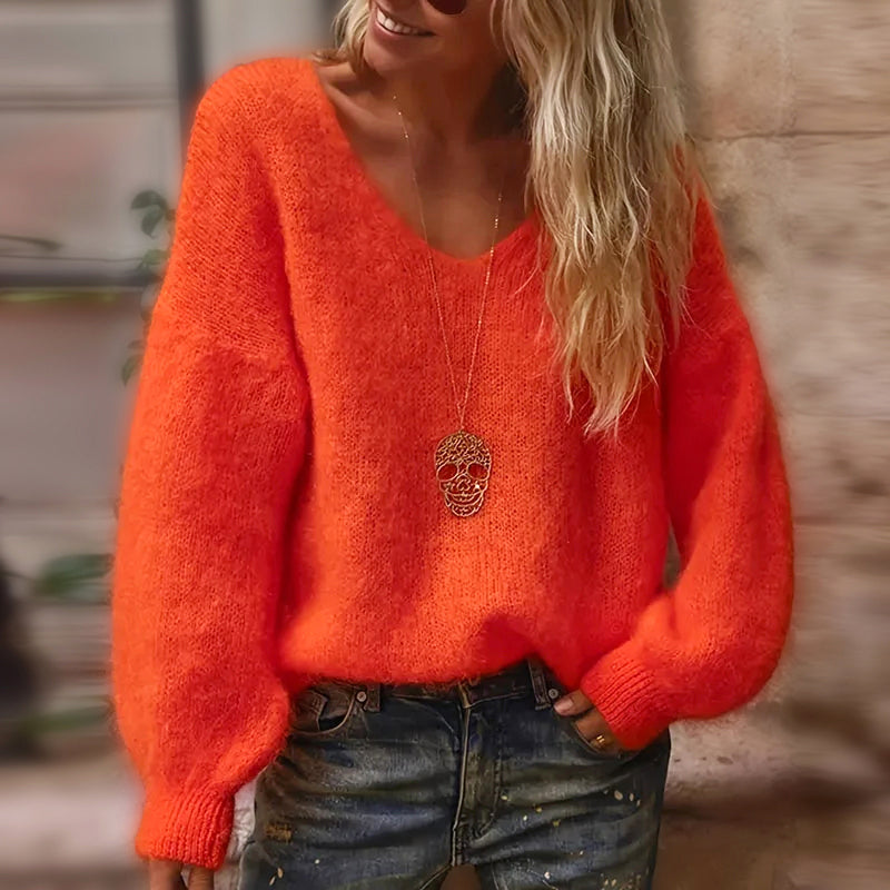 Women's Soft Fluffy V-Neck Loose-Fit Knit Sweater
