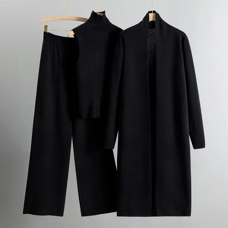 Women's Long Cardigan and Knit Pants 3-Piece Set