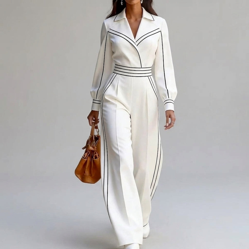 Women's Collared Wide Leg Jumpsuit with Contrast Detailing