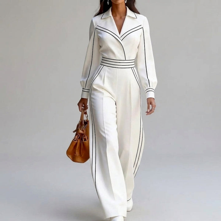 Women's Collared Wide Leg Jumpsuit with Contrast Detailing