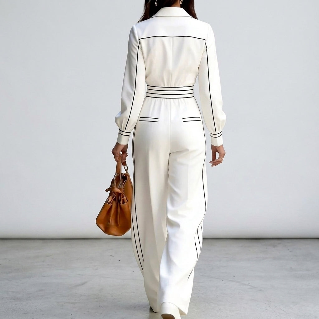 Women's Collared Wide Leg Jumpsuit with Contrast Detailing