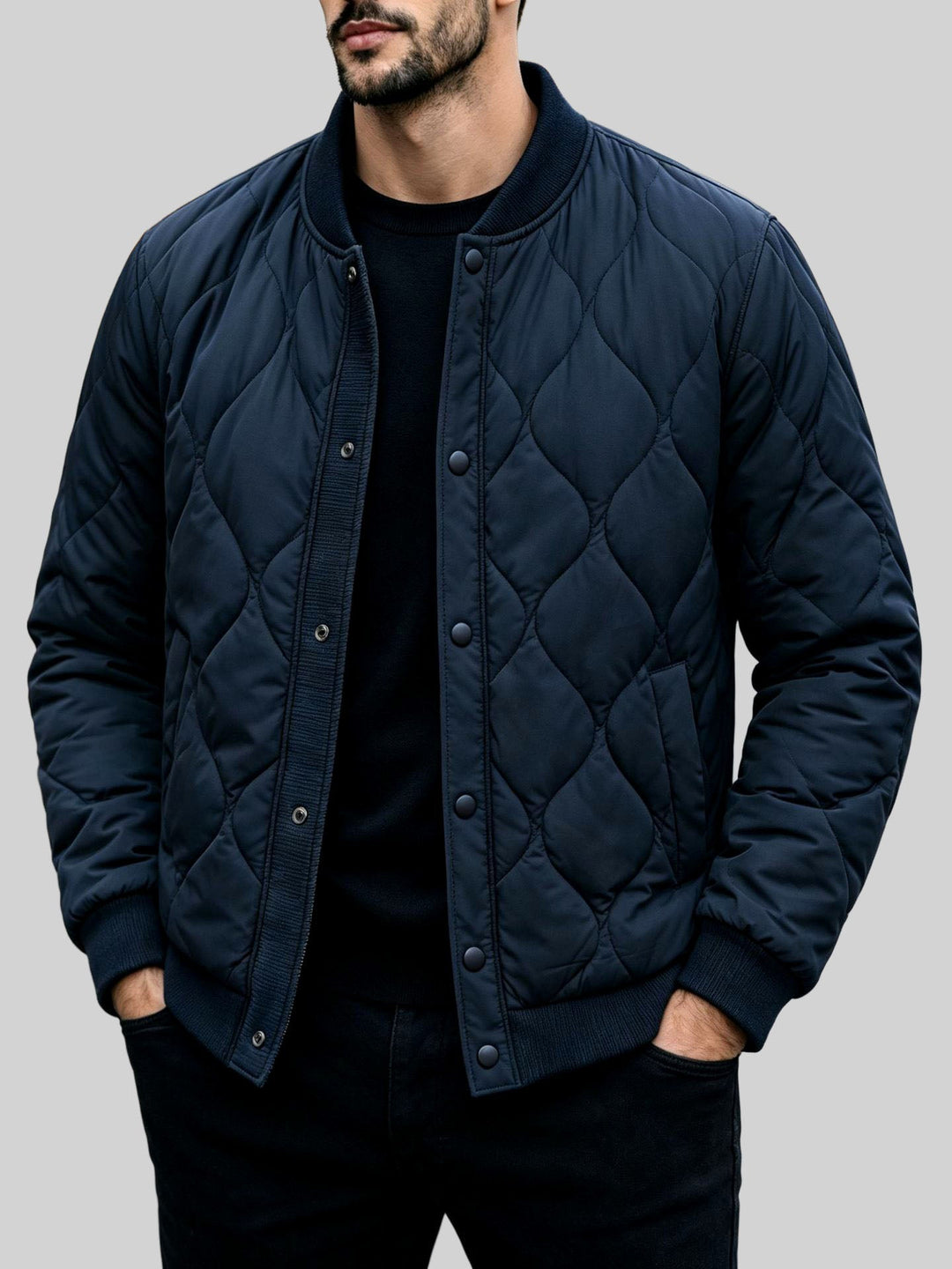 Men's Quilted Bomber Jacket with Snap Button Closure