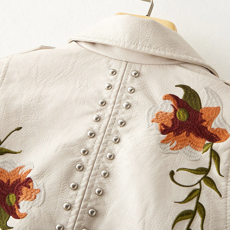 Women's Studded Floral Faux Leather Motorcycle Jacket