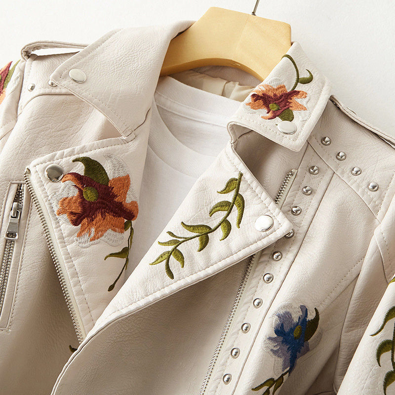 Women's Studded Floral Faux Leather Motorcycle Jacket