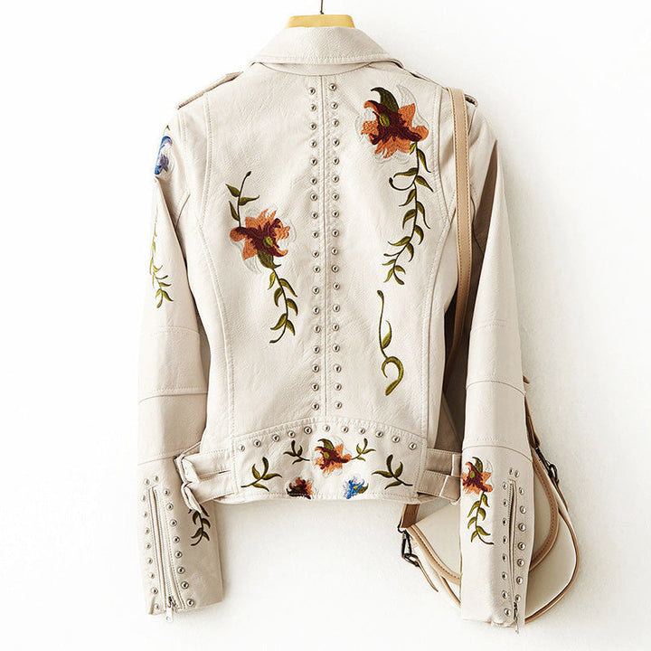 Women's Studded Floral Faux Leather Motorcycle Jacket