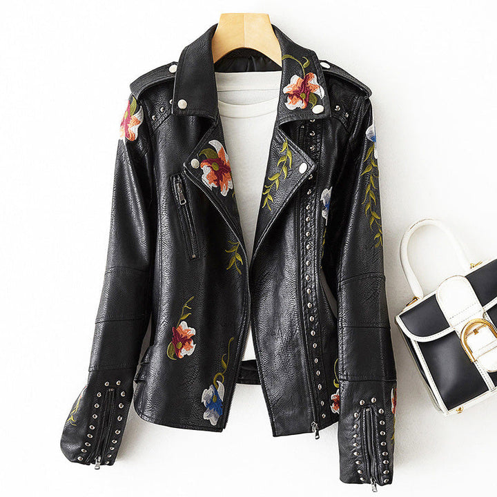 Women's Studded Floral Faux Leather Motorcycle Jacket