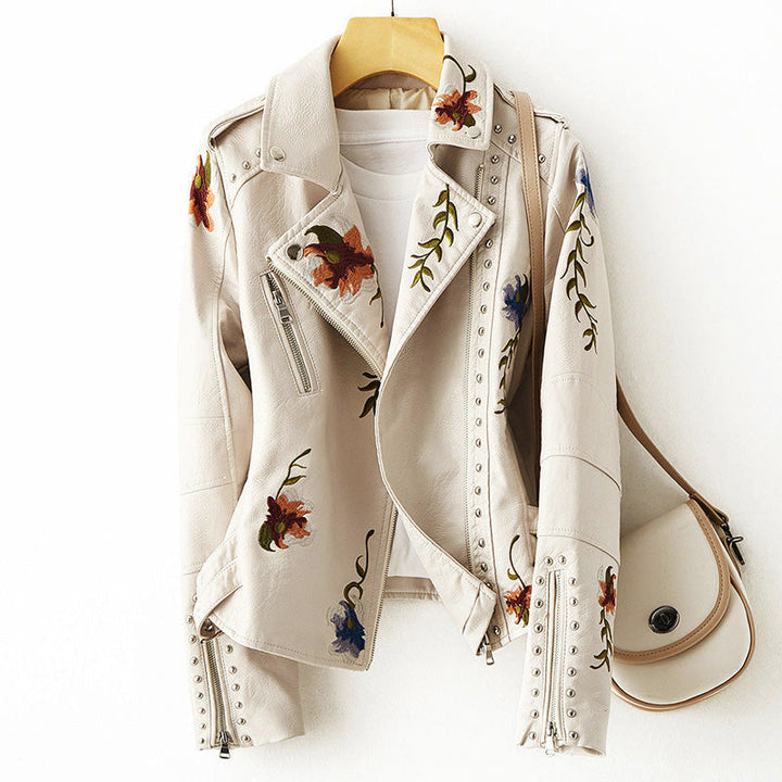 Women's Studded Floral Faux Leather Motorcycle Jacket