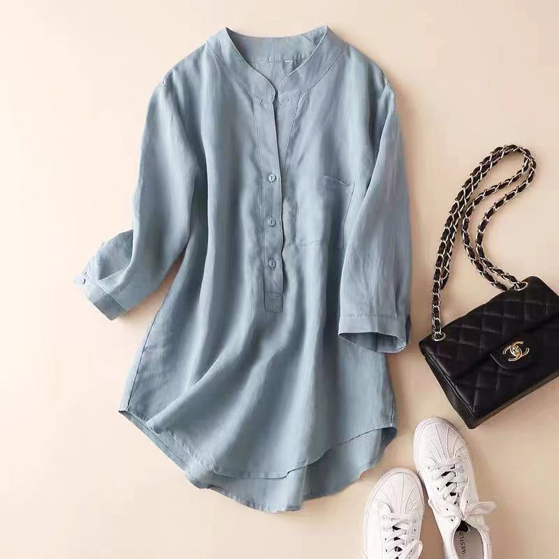 Norah | Women's Linen Relaxed Mandarin Collar Blouse