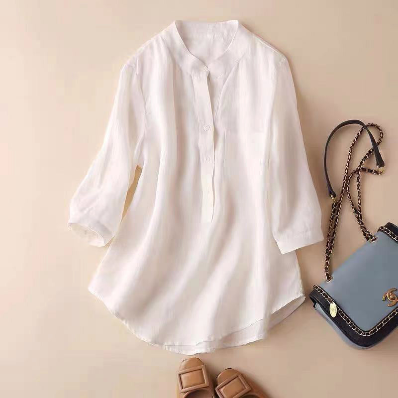 Norah | Women's Linen Relaxed Mandarin Collar Blouse