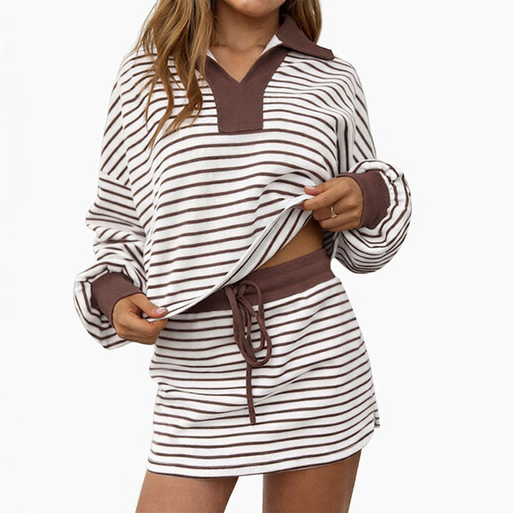 Page | Women's Striped Collared Top and Drawstring Skirt Set