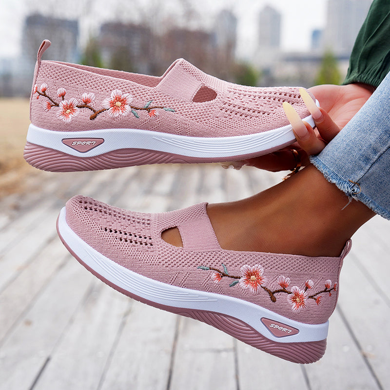Women's Floral Embroidered Knit Walking Shoes for Comfort and Style