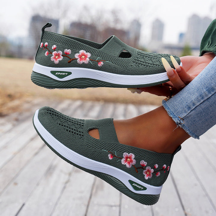 Women's Floral Embroidered Knit Walking Shoes for Comfort and Style