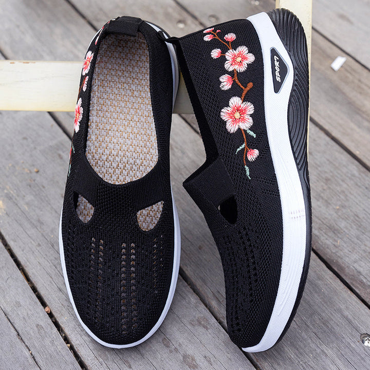 Women's Floral Embroidered Knit Walking Shoes for Comfort and Style