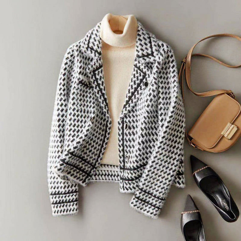 Women's Cropped Houndstooth Knit Jacket