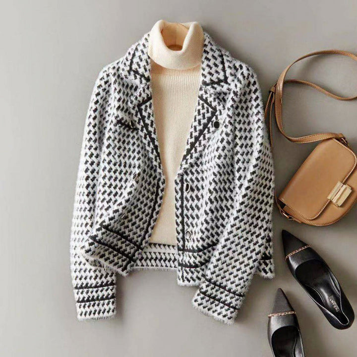 Women's Cropped Houndstooth Knit Jacket