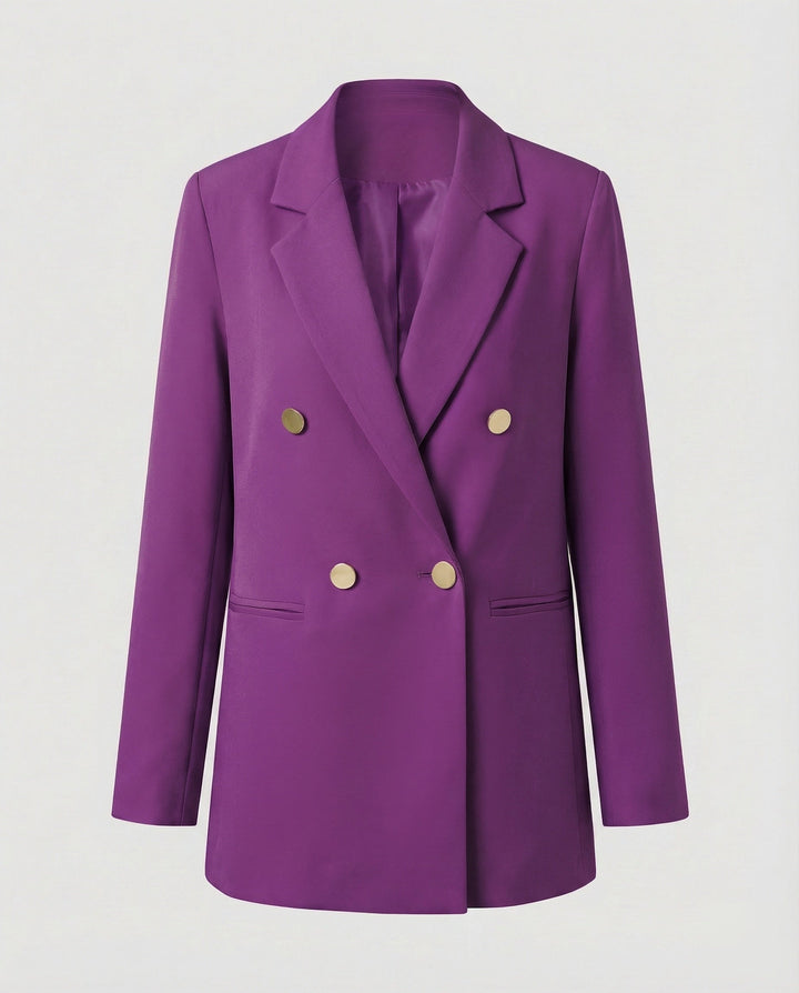 Women's Oversized Double-Breasted Blazer with Notch Lapel & Buttons