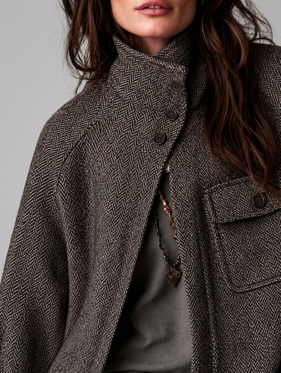 Women's Herringbone Wool-Blend Button-Up Cape Jacket