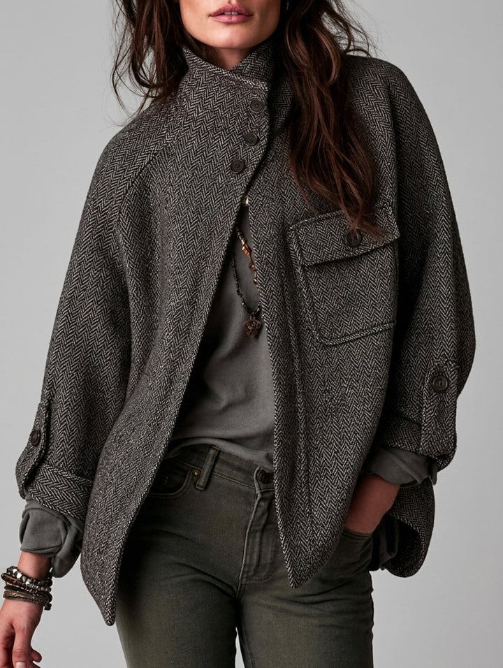 Women's Herringbone Wool-Blend Button-Up Cape Jacket