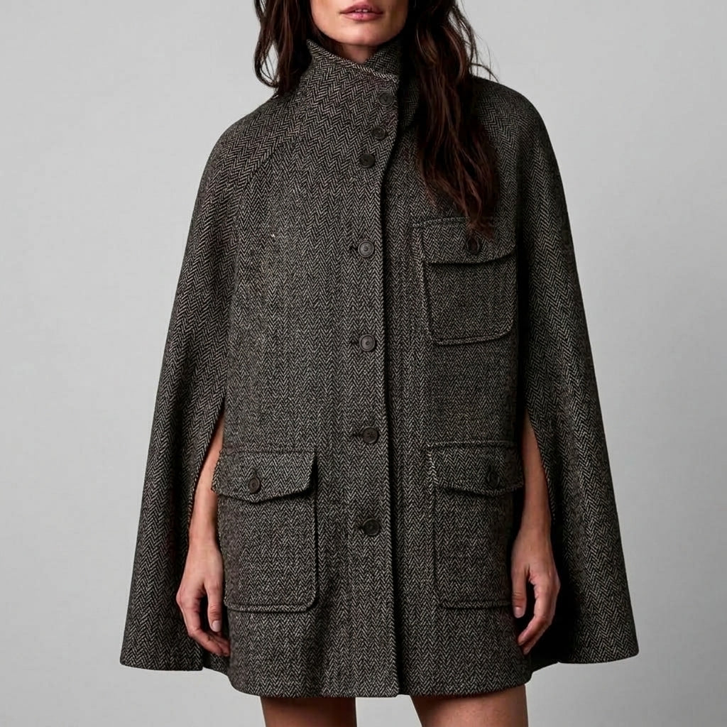 Women's Herringbone Wool-Blend Button-Up Cape Jacket