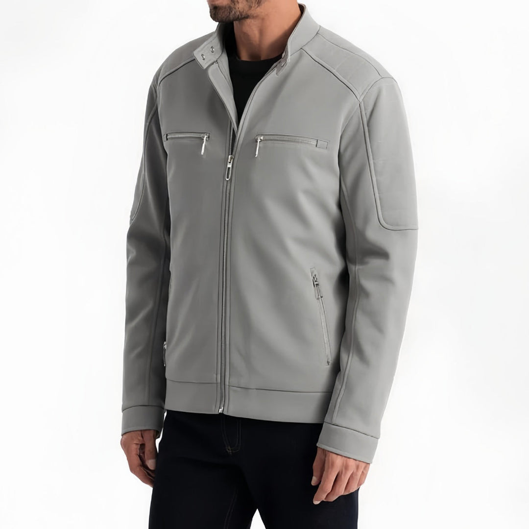 Men's Stand Collar Zip-Up Jacket with Snap Button Closure