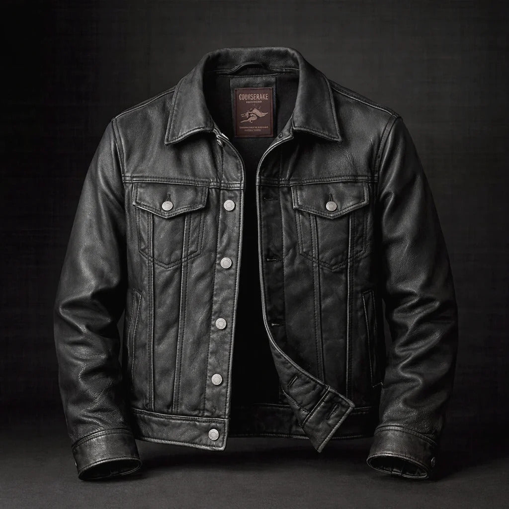 Men's Vintage Leather Trucker Jacket with Button Front Closure