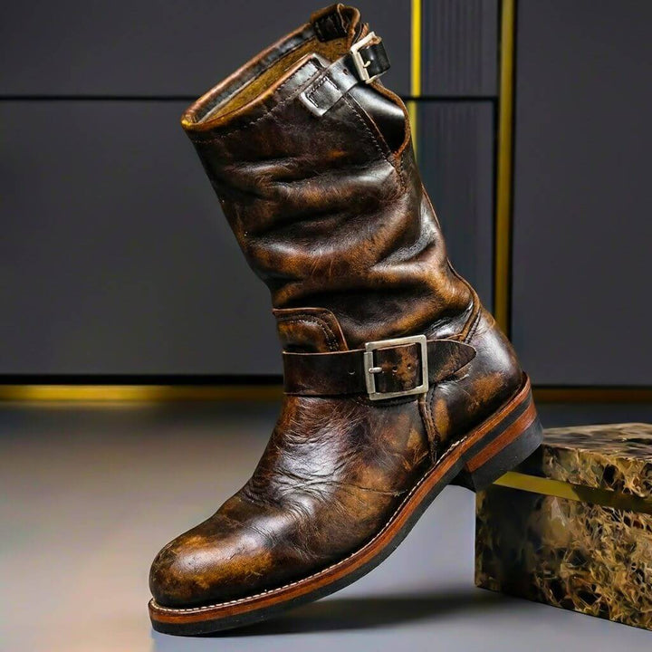 Men's Leather Engineer Boots with Metal Buckle Straps