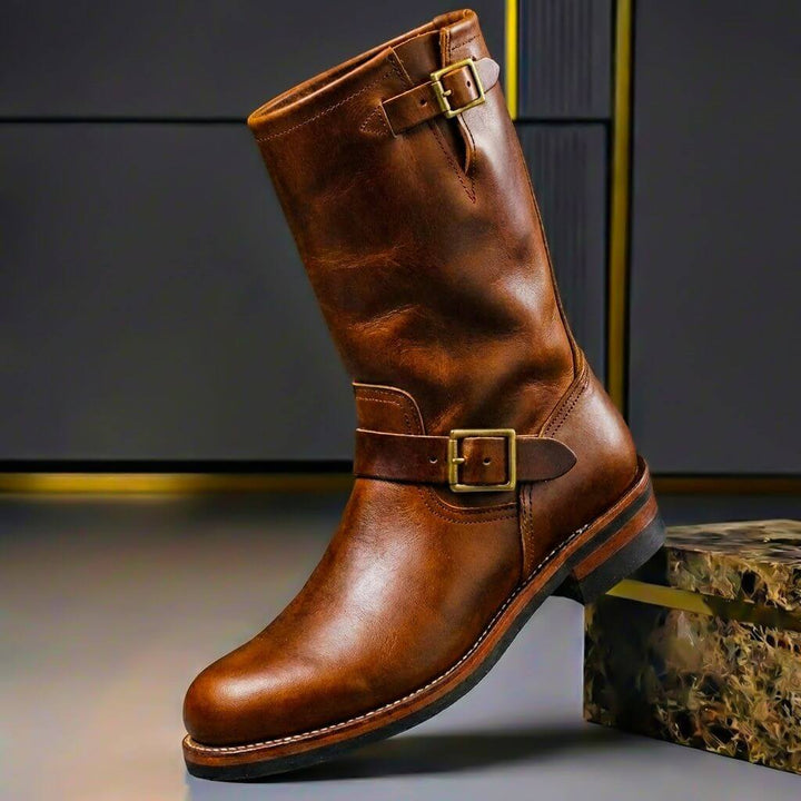 Men's Leather Engineer Boots with Metal Buckle Straps