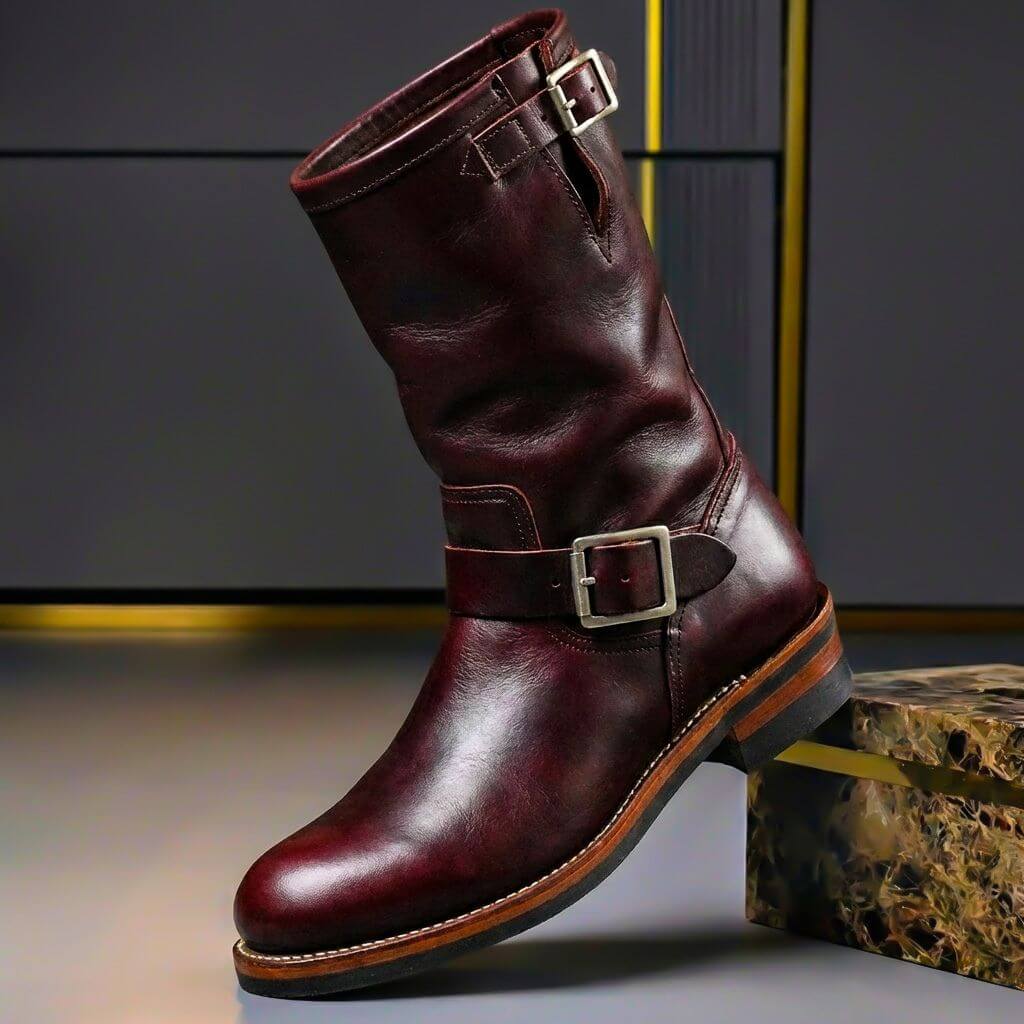 Men's Leather Engineer Boots with Metal Buckle Straps