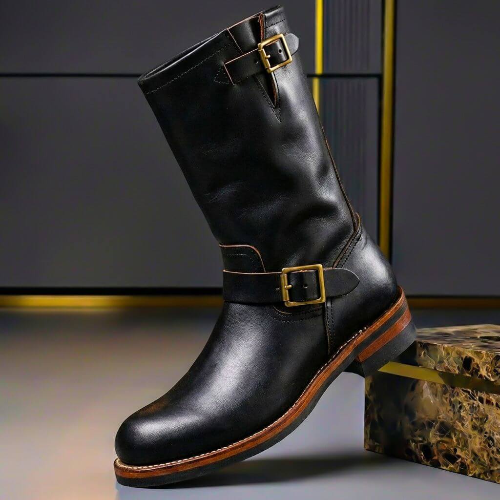Men's Leather Engineer Boots with Metal Buckle Straps