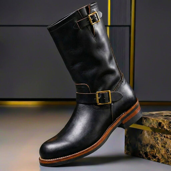 Men's Leather Engineer Boots with Metal Buckle Straps